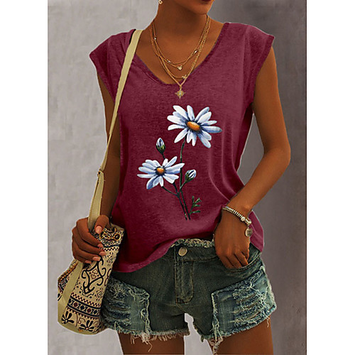

Women's Beach Tank Top Vest T shirt Flower Print V Neck Streetwear Boho Tops Loose White Blue Blushing Pink