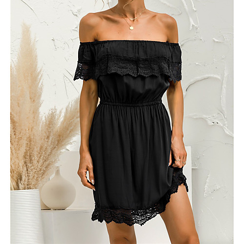 

2021 cross-border eaby amazon hot style one-shoulder hollow lace stitching sexy ruffled dress