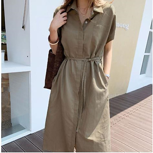 

Women's Loose Midi Dress Gray Green Black Apricot Short Sleeve Solid Color Spring Summer Casual Loose 2021 One-Size