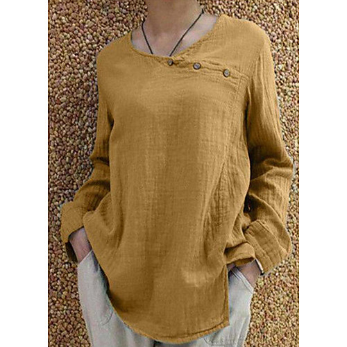 

Women's Blouse Shirt Plain Long Sleeve Button Round Neck Basic Streetwear Tops Yellow