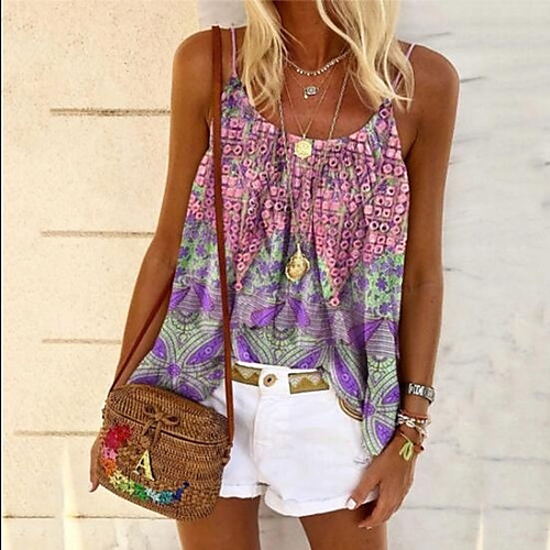 

Women's Beach Camisole Blouse Tank Top Geometric Print U Neck Streetwear Boho Tops Loose Purple Yellow Blushing Pink