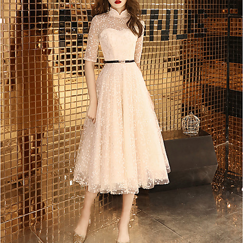 

A-Line Chinese Style Vintage Party Wear Cocktail Party Dress Stand Collar Half Sleeve Tea Length Tulle Stretch Fabric with Sash / Ribbon Pleats 2021