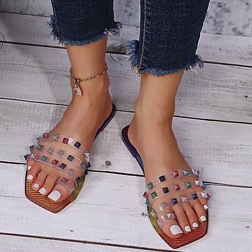 

Women's Sandals Flat Heel Square Toe PU Rainbow