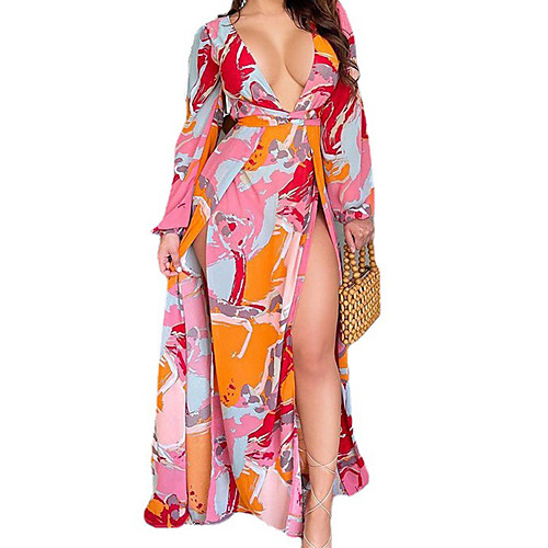 

Women's Sheath Dress Maxi long Dress Blushing Pink Long Sleeve Print Split Summer V Neck Casual Sexy 2021 S M L XL XXL