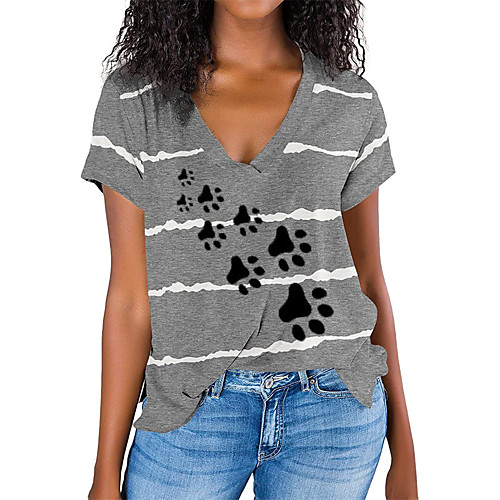 

Women's T shirt Striped Graphic Print V Neck Basic Tops Fuchsia Gray Black