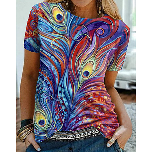 

Women's Painting T shirt Graphic Feather Print Round Neck Basic Tops Red