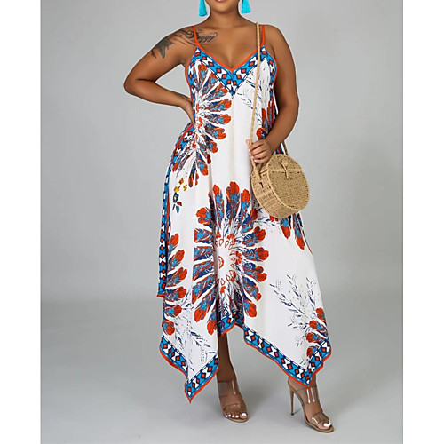 

Women's Strap Dress Maxi long Dress White Navy Blue Sleeveless Pattern Summer Casual 2021 S M L XL
