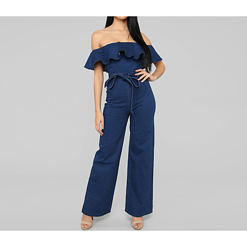 

19197 origin source cross-border european and american new style ruffled tight-fitting hip-washed denim women's jumpsuit
