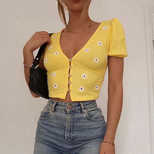 

Women's Embroidery Knitted Floral Cardigan Short Sleeves Sweater Cardigans Open Front Spring Summer Yellow