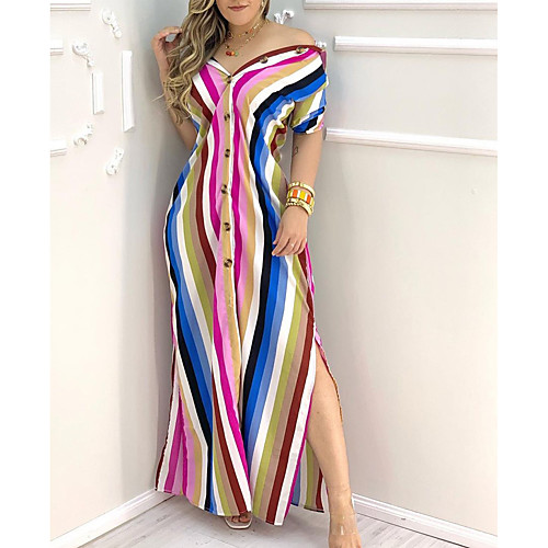 

Women's Sheath Dress Midi Dress Fuchsia Short Sleeve Print Color Block Button Fall Summer Off Shoulder Casual Holiday 2021 S M L XL