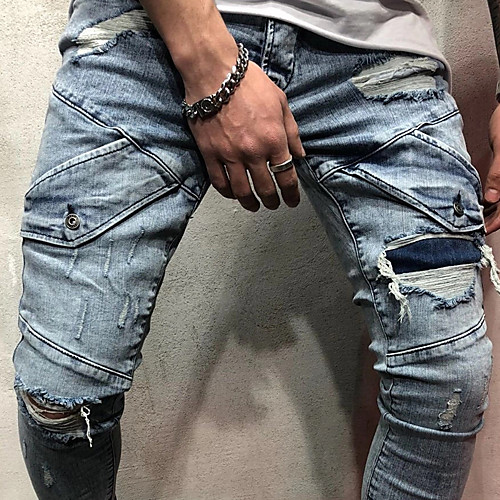 

Men's Stylish Sporty Casual / Sporty Streetwear Comfort Daily Sports Pants Jeans Trousers Pants Patchwork Full Length Blue