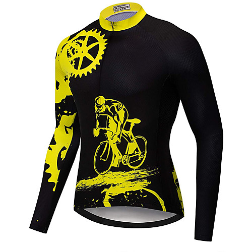 

21Grams Novelty Gear Men's Long Sleeve Cycling Jersey - Black / Yellow Green Bike Jersey Top UV Resistant Quick Dry Moisture Wicking Sports Winter Elastane Terylene Polyester Taffeta Mountain Bike