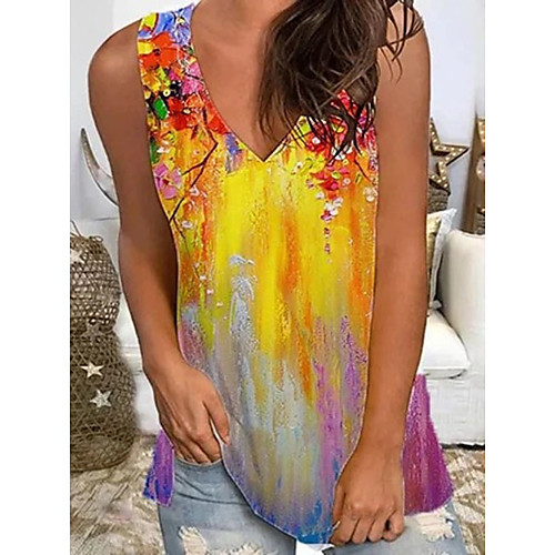 

Women's Beach Tank Top Vest T shirt Flower Print V Neck Streetwear Boho Tops Loose Blue Yellow Green