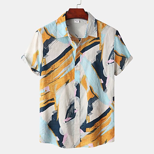 

Men's Shirt Color Block Button-Down Short Sleeve Street Tops Cotton Casual Hawaiian Comfortable Beach Yellow