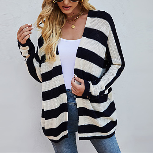 

Women's Knitted Striped Cardigan Long Sleeve Sweater Cardigans Deep V Fall Purple Black