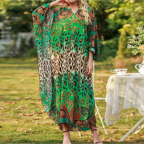 

Women's A Line Dress Maxi long Dress Green Long Sleeve Pattern Summer Casual 2021 One-Size