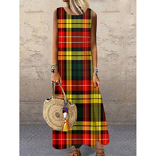 

Women's Shift Dress Maxi long Dress Red Sleeveless Plaid Print Summer Round Neck Elegant 2021 S M L XL XXL 3XL