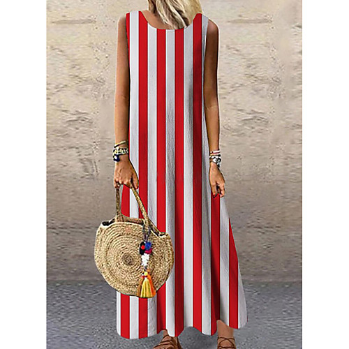 

Women's Swing Dress Maxi long Dress color Red Sleeveless Stripes Spring Summer Casual 2021 S M L XL XXL