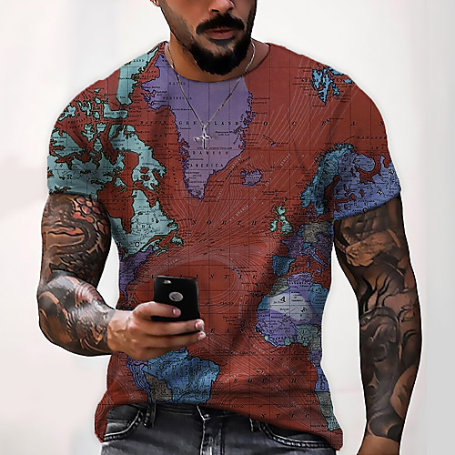 

Men's Tee T shirt Shirt 3D Print Map Graphic Prints Print Short Sleeve Daily Tops Cotton Casual Designer Big and Tall Round Neck Blue Red Gray / Summer