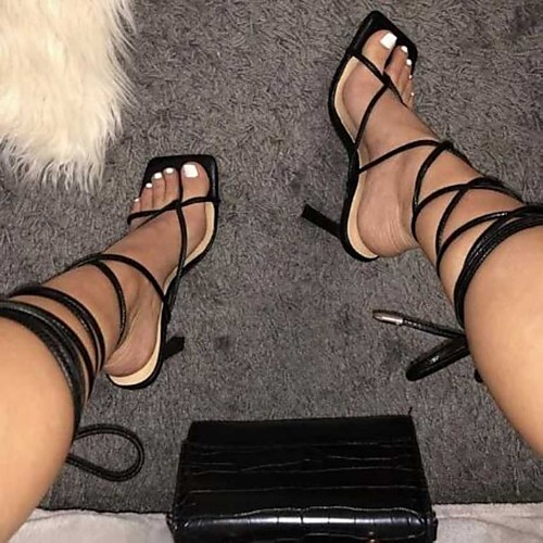 

Women's Sandals Lace up High Heel Square Toe PU Solid Colored White Black