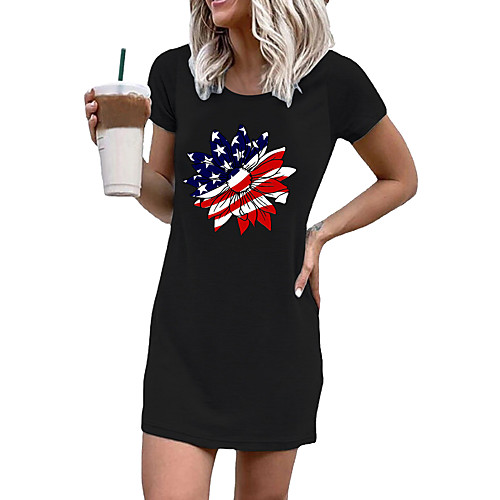 

2021 amazon new base coat independence day creative sunflower round neck short sleeve mini dress female spot