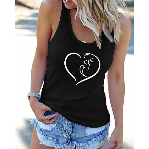 

Women's Tank Top Vest Cat Heart Animal Print U Neck Basic Streetwear Tops Black Gray