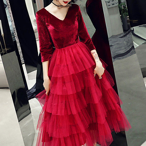 

A-Line Minimalist Elegant Engagement Formal Evening Dress V Neck 3/4 Length Sleeve Tea Length Tulle Velvet with Tier 2021