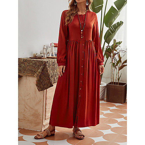 

Women's Swing Dress Maxi long Dress Red Long Sleeve Solid Color Spring Summer Casual Loose 2021 S M L XL 2XL