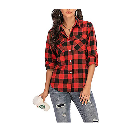 

Women's Coat Causal Fall Regular Coat Shirt Collar Standard Fit Plaid Casual Jacket Printing Printing Brown And White Red black
