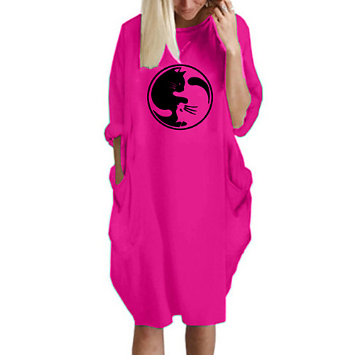 

Women's T Shirt Dress Tee Dress Knee Length Dress Blue Yellow Fuchsia Gray Green White Black Long Sleeve Cat Spring Summer Round Neck Casual Oversized 2021 S M L XL XXL 3XL 4XL 5XL