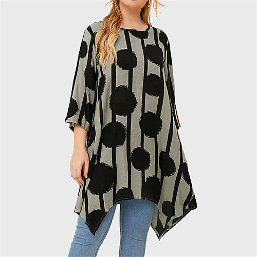 

Women's Plus Size Tops T shirt Polka Dot Striped Print 3/4 Length Sleeve Crewneck Basic Light Brown Black Big Size XL XXL 3XL 4XL 5XL / Cotton / Loose / Cotton