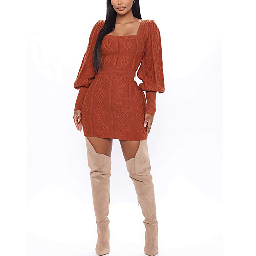 

Women's Sheath Dress Short Mini Dress Orange Long Sleeve Solid Color Summer Casual 2021 S M L