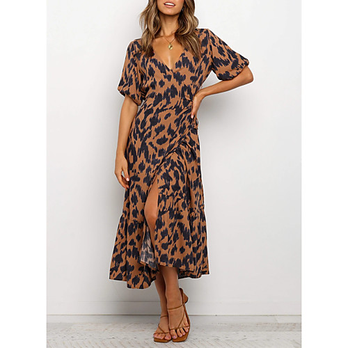 

Women's Swing Dress Maxi long Dress Brown Short Sleeve Leopard Print Spring Summer Casual 2021 S M L XL