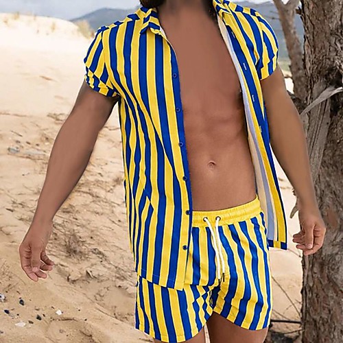 

Men's Shirt Suits Shirt Striped Button-Down Short Sleeve Casual Tops Casual Fashion Hawaiian Breathable Yellow