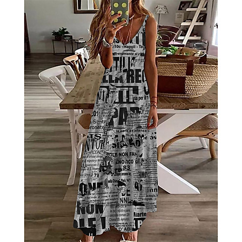 

Women's A Line Dress Maxi long Dress Gray Sleeveless Print Letter Print Spring Summer V Neck Casual Holiday 2021 S M L XL XXL 3XL