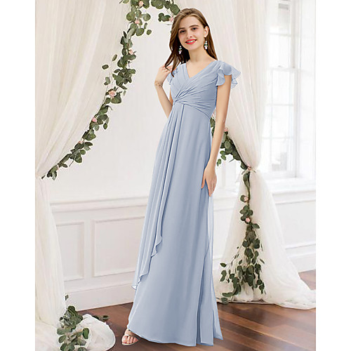 

A-Line V Neck Floor Length Chiffon Bridesmaid Dress with Pleats / Ruffles / Ruching