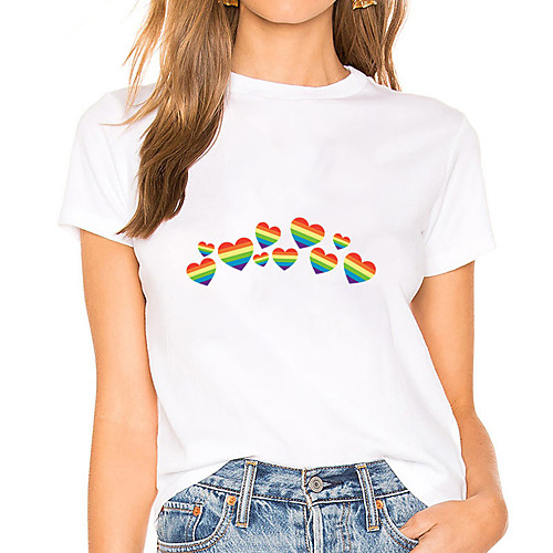 

Women's Painting T shirt Rainbow Heart Print Round Neck Basic LGBT Pride Tops White Black