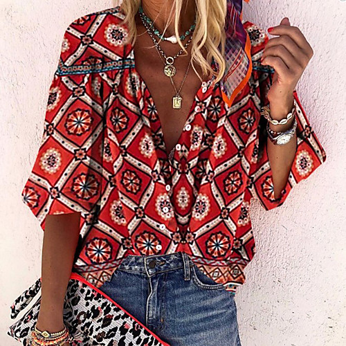 

Women's Blouse Shirt Graphic Button Print V Neck Basic Streetwear Tops Red