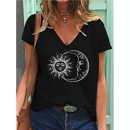 

Women's Painting T shirt Galaxy Graphic Print V Neck Basic Tops Blue Yellow Black