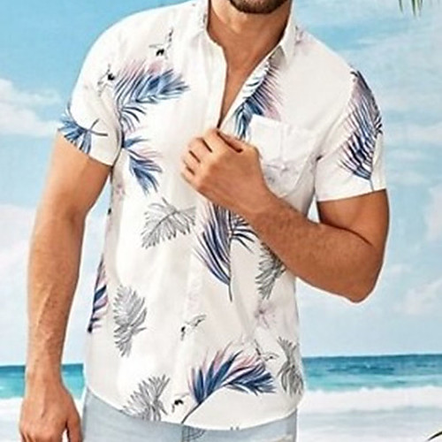 

Men's Shirt Leaves Button-Down Short Sleeve Casual Tops Cotton Casual Fashion Hawaiian Breathable Blue Yellow