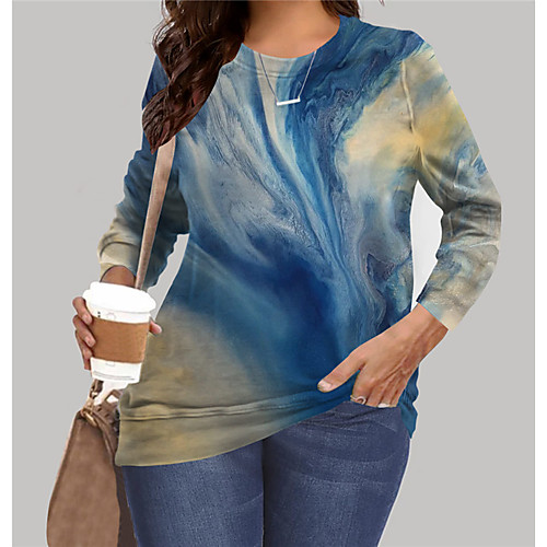 

Women's Plus Size Tops Sweatshirt Color Gradient Graphic Print Long Sleeve Crewneck Basic Blue Big Size XL XXL 3XL 4XL 5XL / Holiday