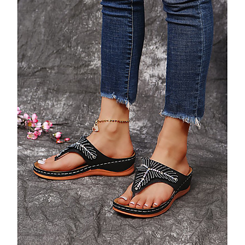 

Women's Sandals Flat Heel Round Toe PU Rhinestone Solid Colored Red Khaki Black