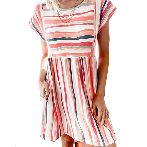 

Women's Sundress Knee Length Dress Red Navy Blue Short Sleeve Striped Smocked Summer Round Neck Casual Cap Sleeve 2021 S M L XL