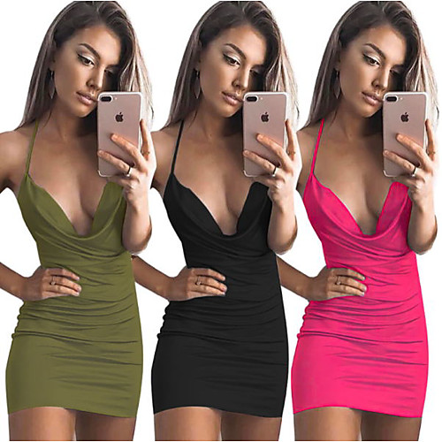 

Women's Strap Dress Short Mini Dress Army Green Fuchsia Black Sleeveless Solid Color Summer Halter Neck 1920s Sexy Party Club Beach 2021 S M L XL