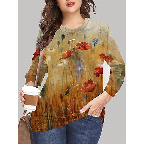 

Women's Plus Size Tops Pullover Sweatshirt Floral Graphic Print Long Sleeve Crewneck Basic Fall Summer Yellow Green Big Size XL XXL 3XL 4XL 5XL