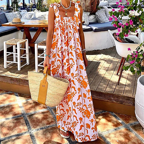

Women's Swing Dress Maxi long Dress Green Orange Sleeveless Floral Print Summer Boat Neck Casual Holiday 2021 S M L XL
