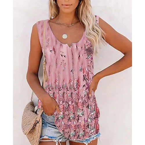 

Women's Beach Tank Top Vest Flower Print Round Neck Streetwear Boho Tops Loose Blue Yellow Blushing Pink