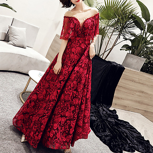 

A-Line Minimalist Elegant Engagement Formal Evening Dress Illusion Neck Short Sleeve Floor Length Lace with Crystals 2021