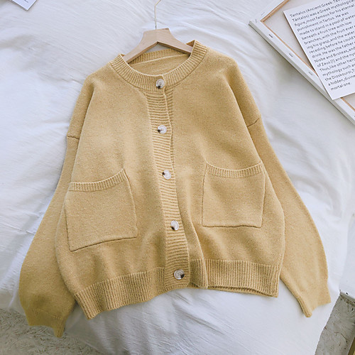 

Women's Solid Color Cardigan Long Sleeve Sweater Cardigans Round Olive Green Blue Yellow