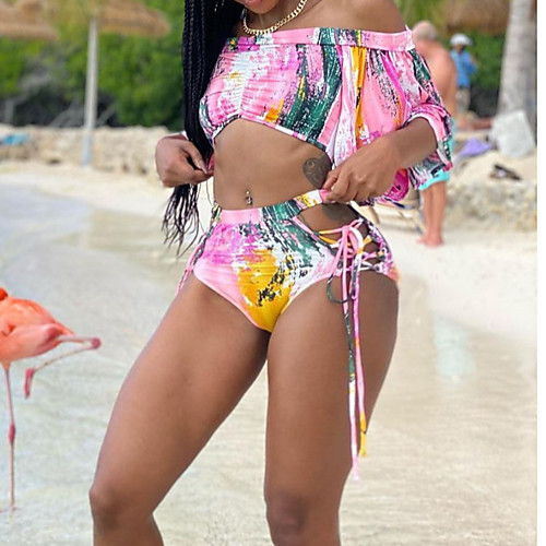 

Women's Bikini 2 Piece Swimsuit Push Up Tie Dye Blushing Pink Swimwear Padded Off Shoulder Bathing Suits New Casual Sexy